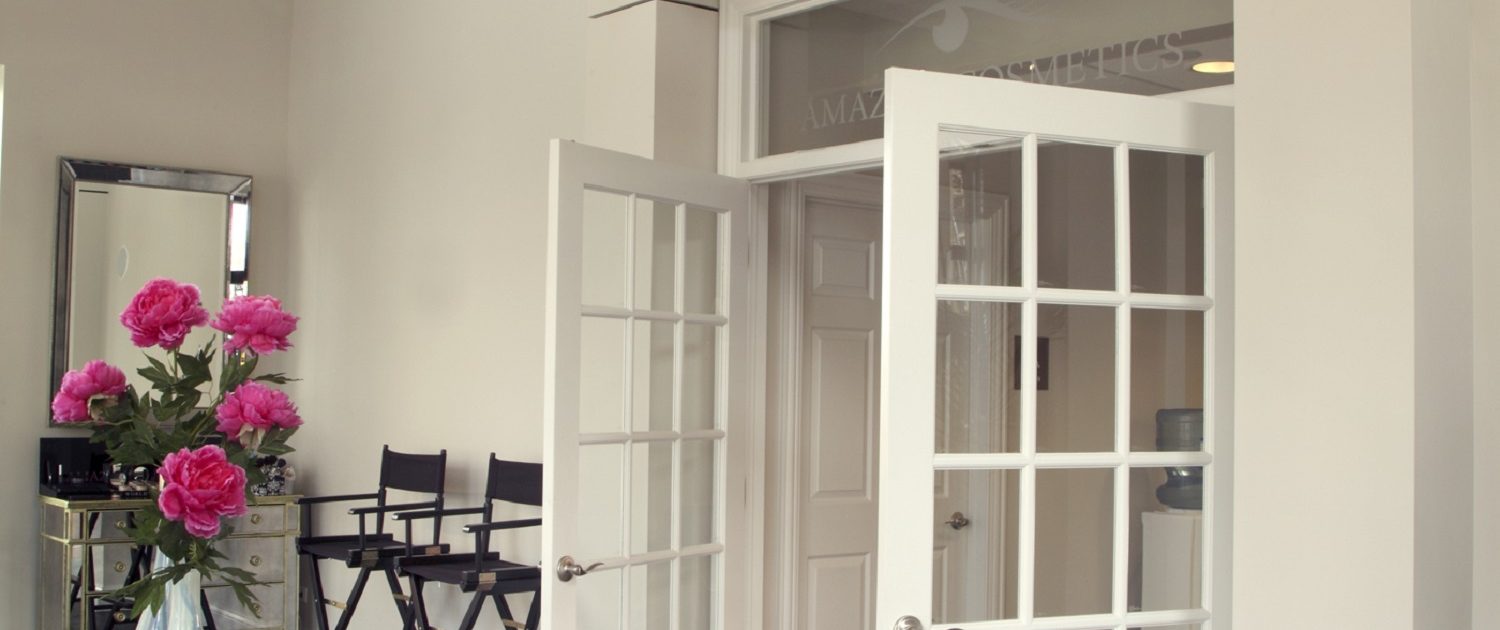 AmazingCosmetics French doors open from the make-up studio to the office space at AmazingCosmetics.