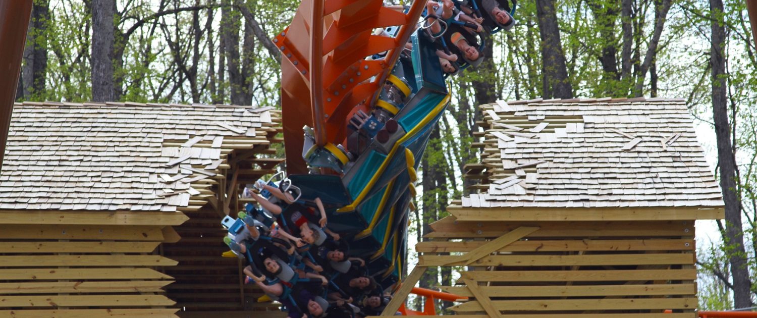 Holiday World & Splashin' Safari - Thunderbird Roller Coaster This image show the near-miss fly-thru element when the coaster track breaks through a barn.