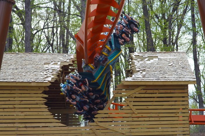 Holiday World & Splashin’ Safari – Thunderbird Roller Coaster This image show the near-miss fly-thru element when the coaster track breaks through a barn.