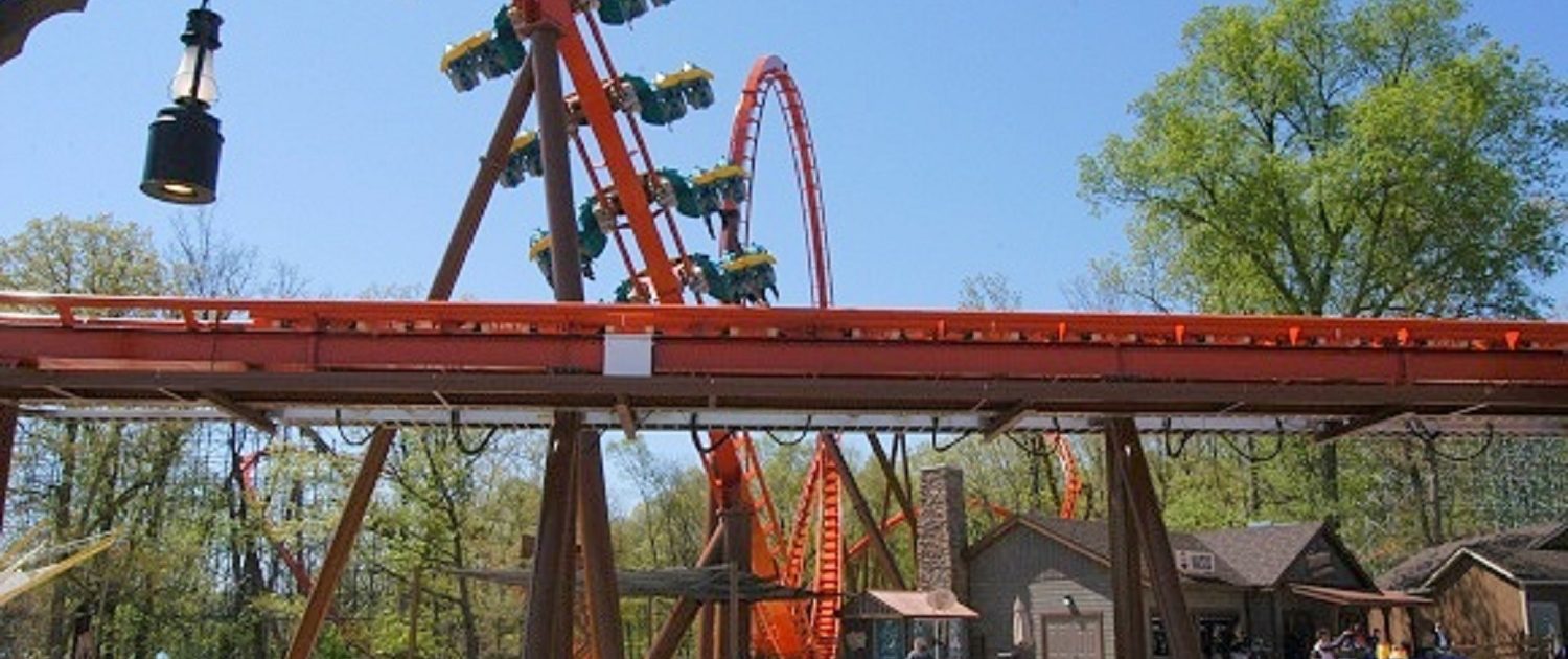Holiday World & Splashin' Safari - Thunderbird Roller Coaster This image shows a by-standers view of Thunderbird from the opposite side of the launch track as the coaster enters the Immelmann loop.