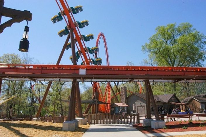 Holiday World & Splashin’ Safari – Thunderbird Roller Coaster This image shows a by-standers view of Thunderbird from the opposite side of the launch track as the coaster enters the Immelmann loop.