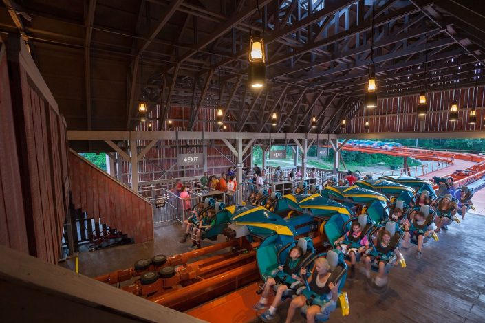 Holiday World Splashin’ Safari – Thunderbird Roller Coaster In this image riders are loading onto the winged-coaster in the launch station.