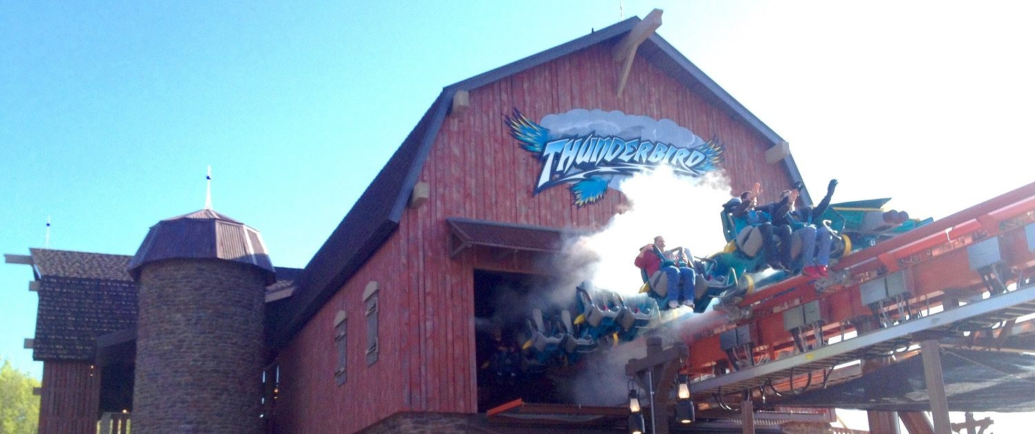 Holiday World Splashin' Safari - Thunderbird Roller Coaster This is an image of the launch station barn and the riders are propelled forward with heart pumping force and speed.
