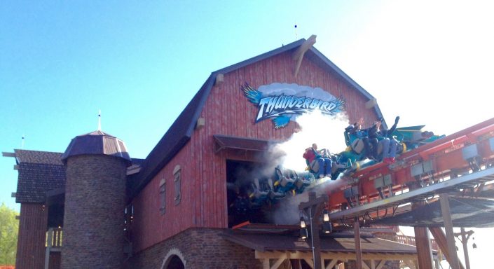 Holiday World Splashin’ Safari – Thunderbird Roller Coaster This is an image of the launch station barn and the riders are propelled forward with heart pumping force and speed.