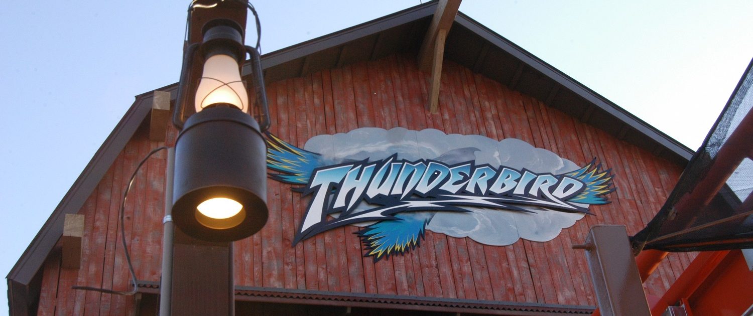 Holiday World Splashin' Safari - Thunderbird Roller Coaster This image is a close up of the launch station designed to look like a weathered red barn.