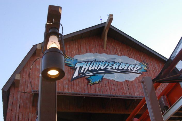 Holiday World Splashin’ Safari – Thunderbird Roller Coaster This image is a close up of the launch station designed to look like a weathered red barn.