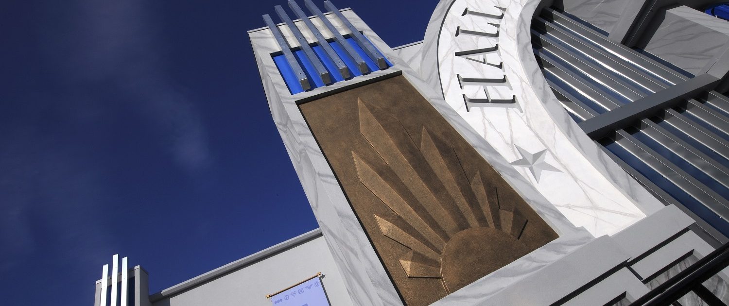 Close up of the building details on Six Flags Great America Hall of Justice.