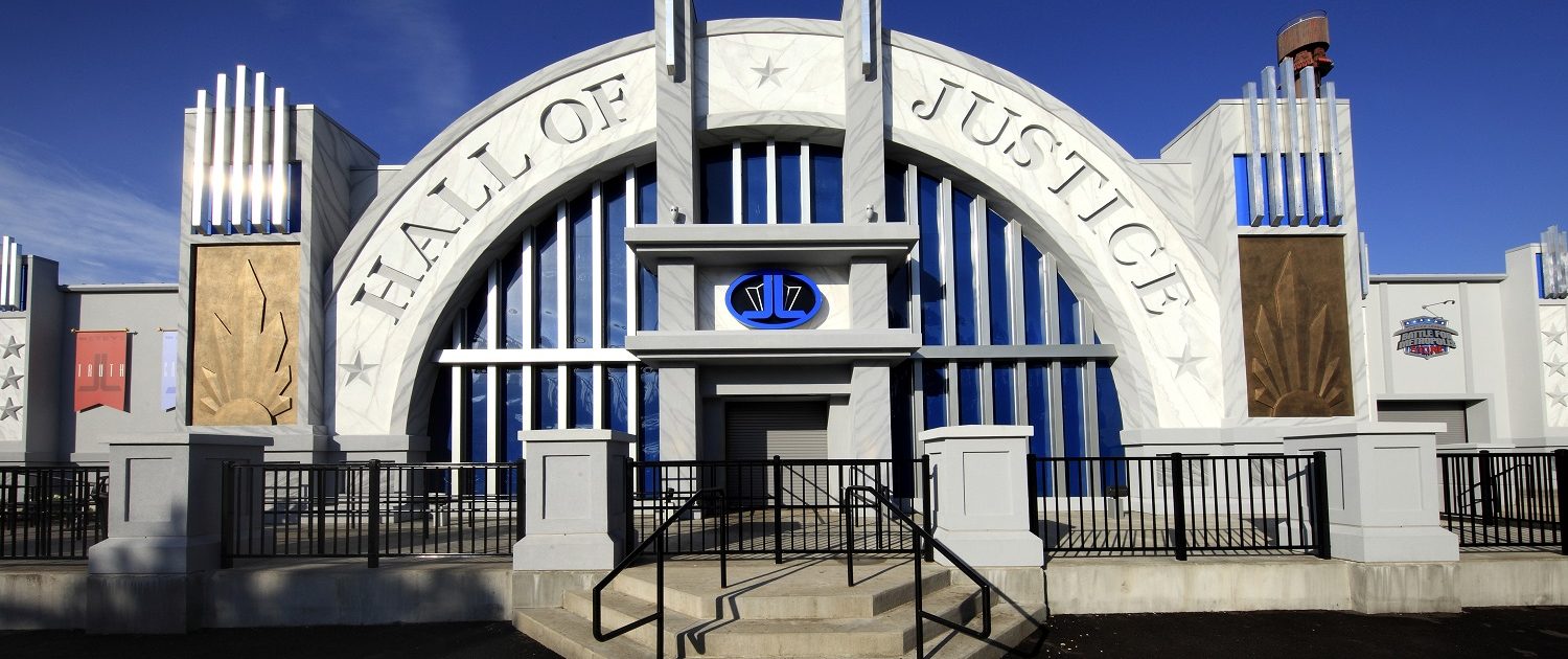 Justice League Battle for Metropolis front entrance to the Hall of Justice