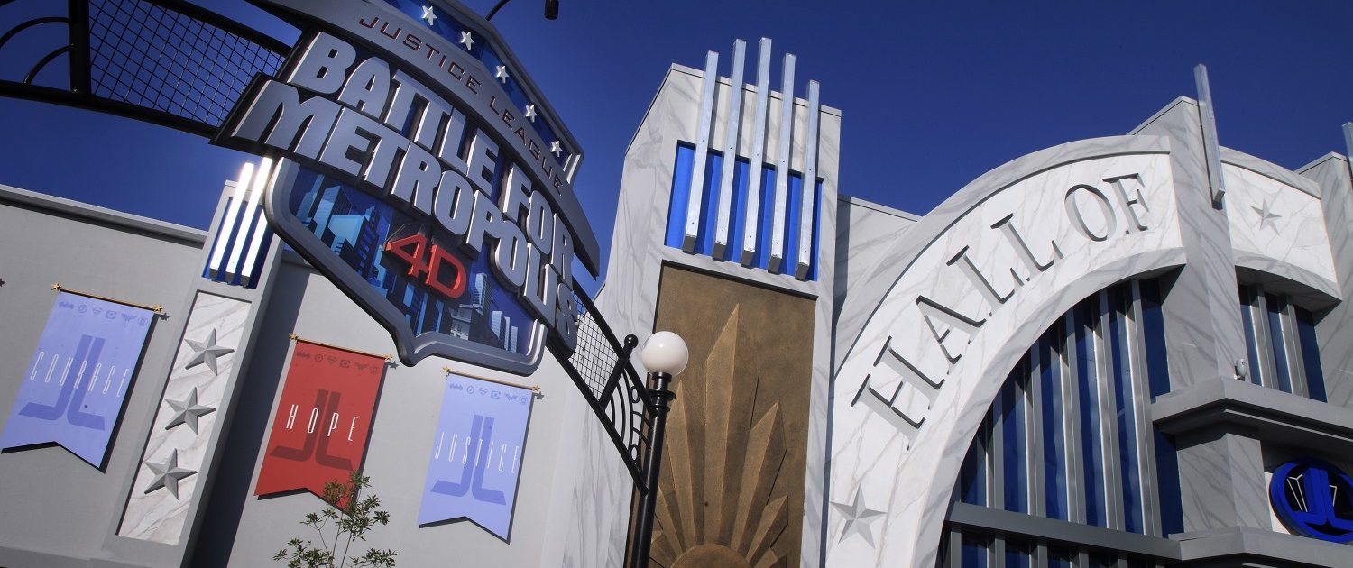 Close up of the Justice League Battle for Metropolis Marquee and details on the Hall of Justice.