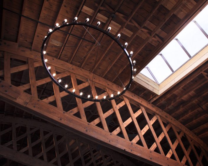 Mickey Finn's building interior features a soaring barrel vault ceiling and massive bowstring trusses that have been sandblasted and restored.