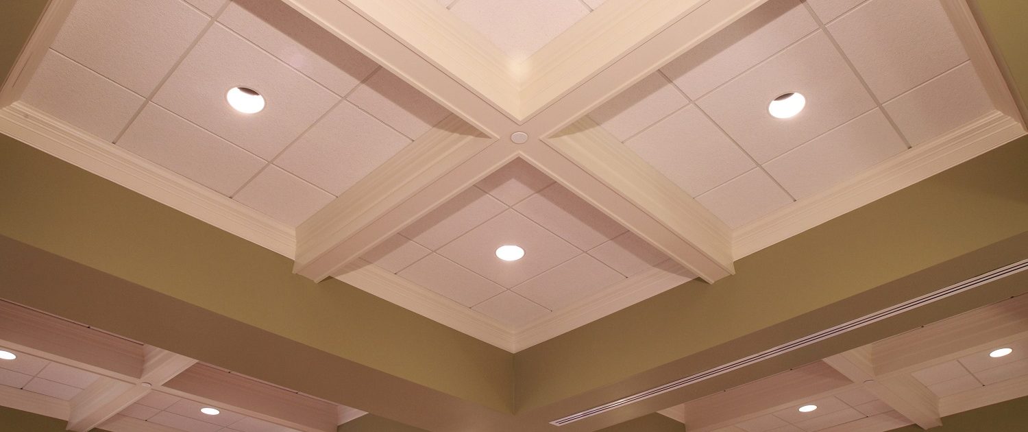 Coffered ceilings located in the main lobby at State Bank of The Lakes in Round Lake, IL.