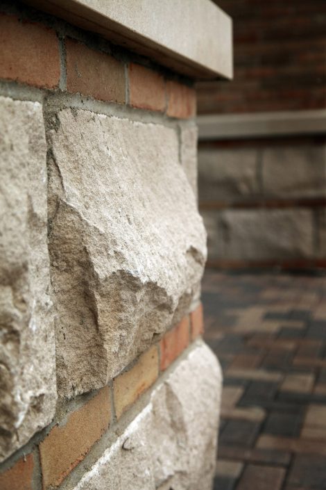 Detail photo of the brick and stone work at State Bank of The Lakes.