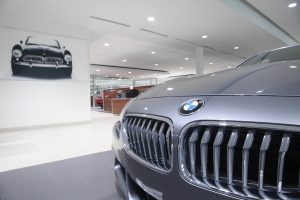 View from the driving gallery to the sales area at Knauz Motors.