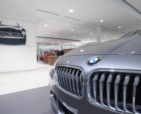 View from the driving gallery to the sales area at Knauz Motors.
