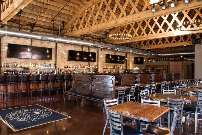 Mickey Finn's Brewery view of the main dining room and bar from the front entrance.
