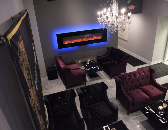 This image is from Shakou's St. Charles location. The view is from the upper level looking down upon the semi-private lounge area.