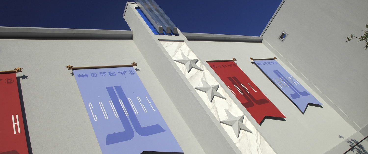 Close up of exterior facade details on the Hall of Justice.