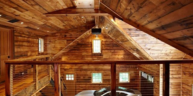 This image shows a dream garage built with hard wood interior and mezzanine.
