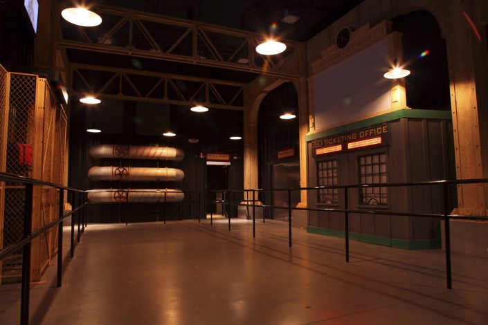 The Dark Knight Coaster at Six Flags Great America - ride queueing line for the preshow in the Gotham City rail terminal.