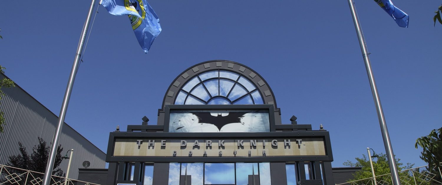 The Dark Knight Coaster at Six Flags Great America - ride entrance at Gotham City Rail Terminal.