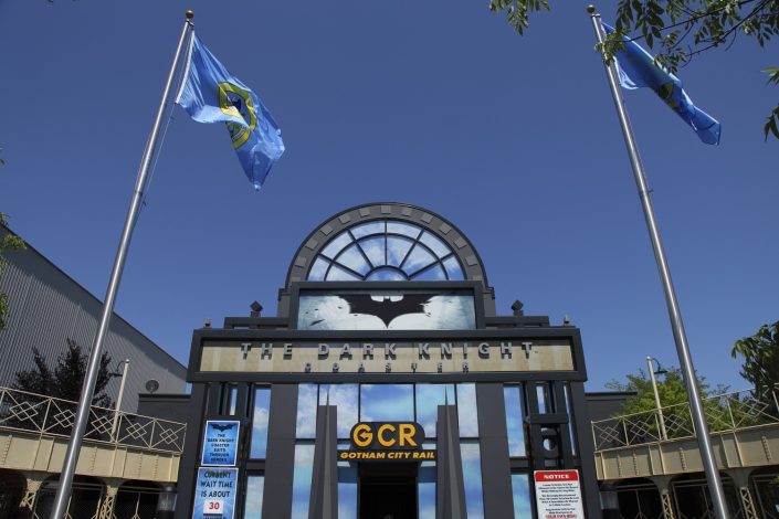 The Dark Knight Coaster at Six Flags Great America - ride entrance at Gotham City Rail Terminal.