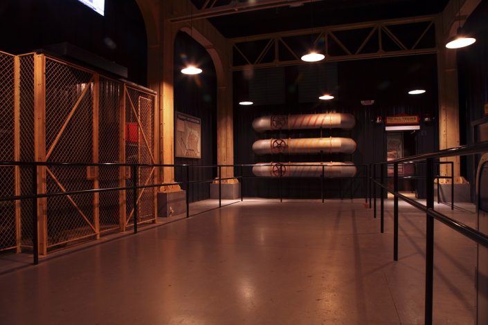 The Dark Knight Coaster at Six Flags Great America - ride queueing line for the preshow in the Gotham City rail terminal.