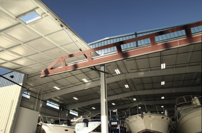 Larsen Marine - Boat Warehouse, doors open.