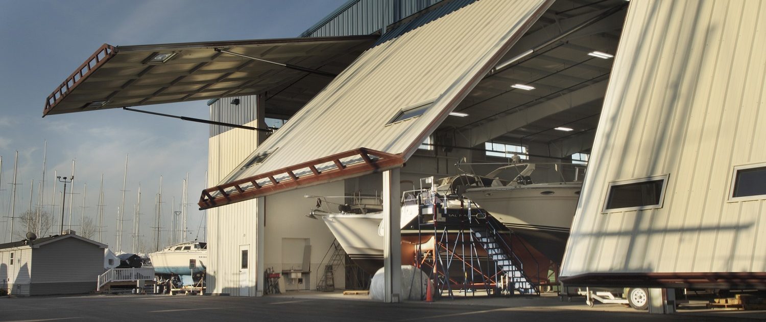 Larsen Marine - Boat Warehouse, over-sized hydraulic doors.