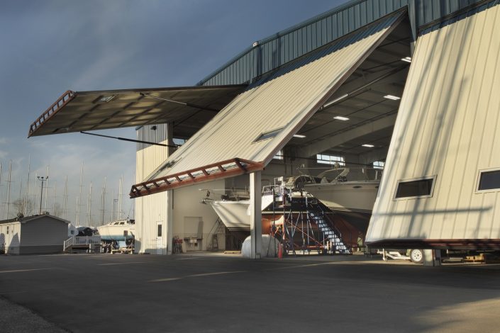 Larsen Marine - Boat Warehouse, over-sized hydraulic doors.