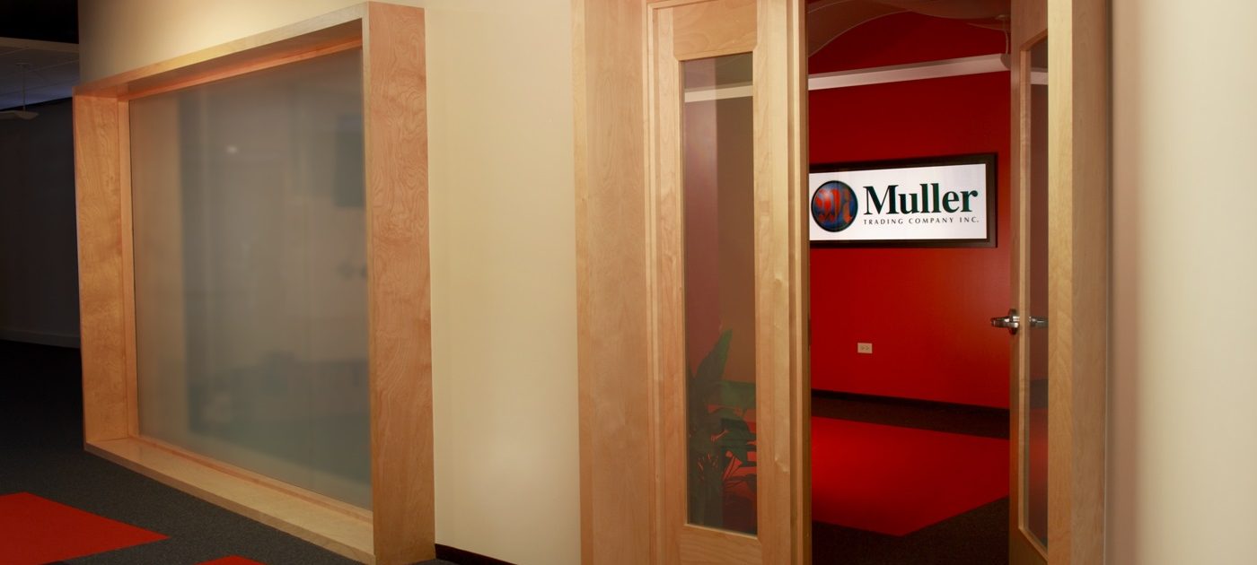 Muller Trading Company Inc The glass walled conference room can become completely private with a flick of the switch through the use of electric privacy glass.