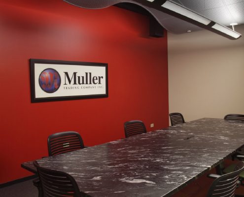 Muller Trading Company conference room. Wave wall design element made of aluminum.