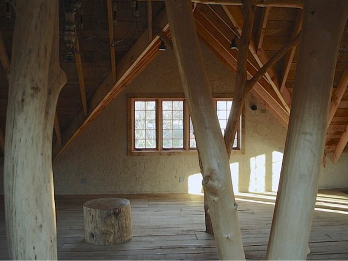 Private Artist Studio Private Artist Studio - The building structure is an artistic expression of a forest, with semi-raw alder trees rising from the lower level 3-car garage to the upper level studio.