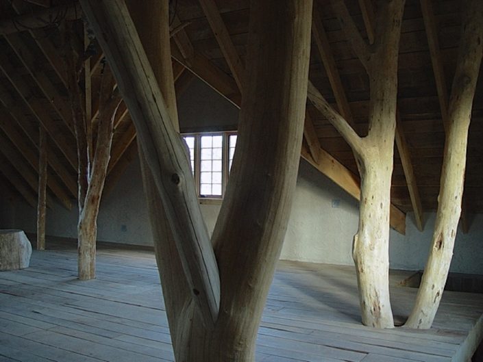 Private Artist Studio Private Artist Studio - the building structure is an artistic expression of a forest, with semi-raw alder trees rising from the lower level 3-car garage to the upper level studio.