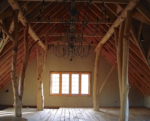 Private Artist Studio - The building structure is an artistic expression of a forest, with semi-raw alder trees rising from the lower level 3-car garage to the upper level studio.