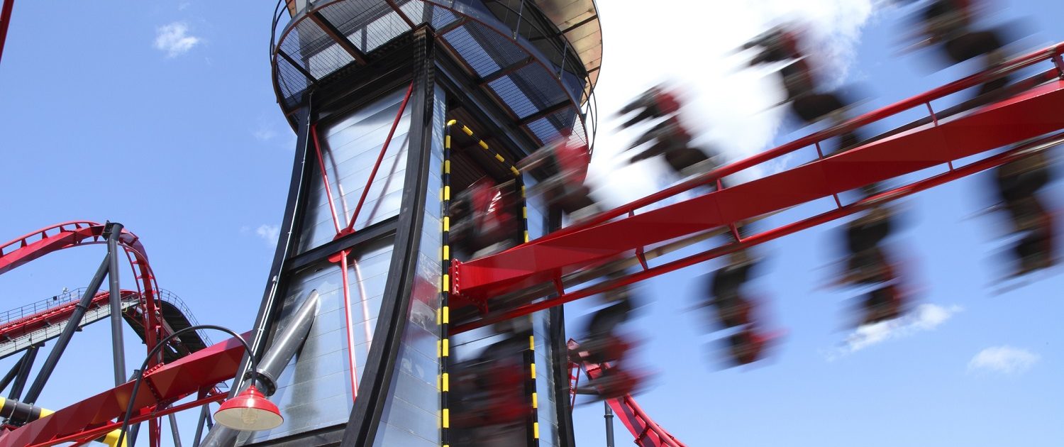 X Flight - Six Flags Great America The adrenaline-pumping thrill element as the X Flight train speeds through the Control Tower.