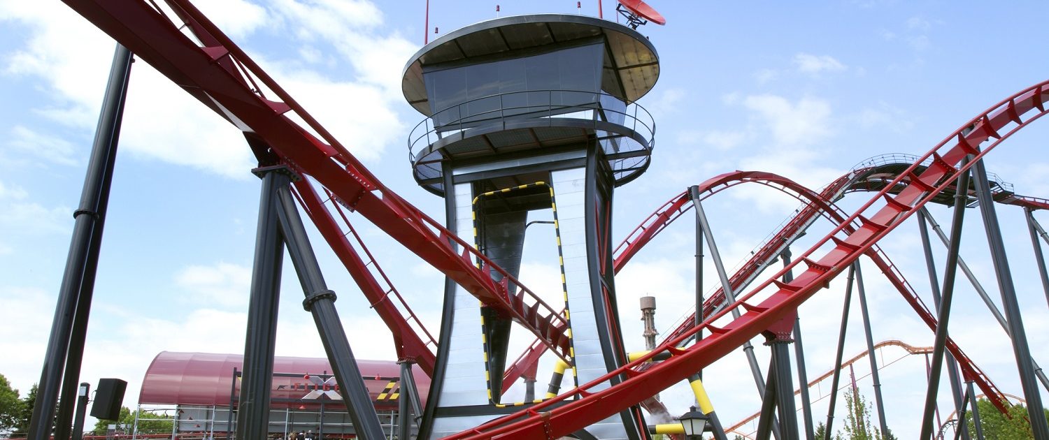 X Flight - Six Flags Great America View of X Flight's control tower and loading station in the background.