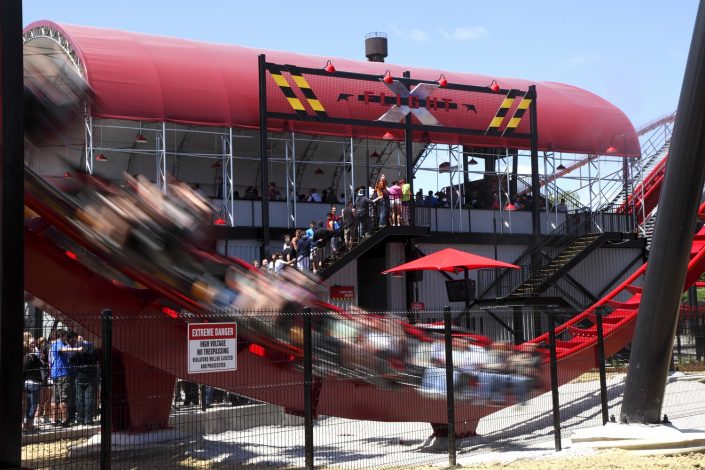 X Flight – Six Flags Great America View of the loading station from the queueing line.