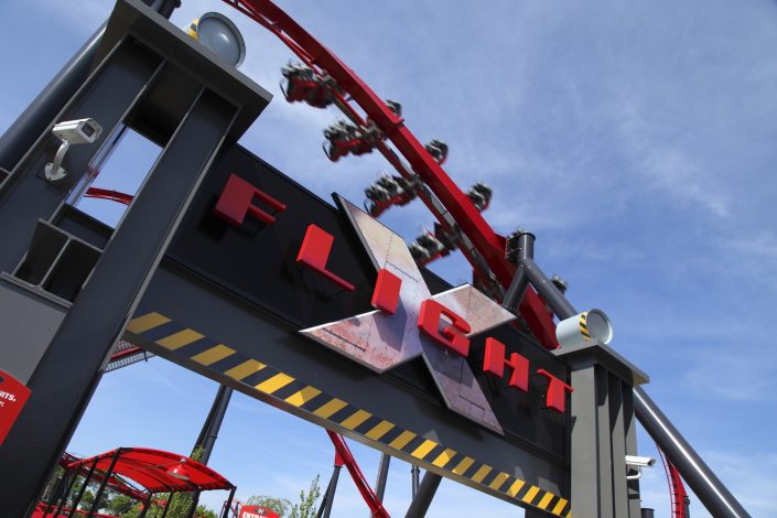 X Flight – Six Flags Great America X Flight marquee at Six Flags Great America.