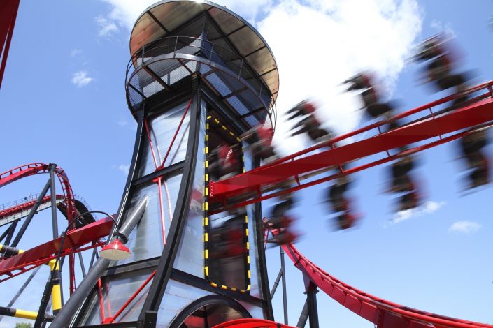 X Flight – Six Flags Great America The adrenaline-pumping thrill element as the X Flight train speeds through the Control Tower.