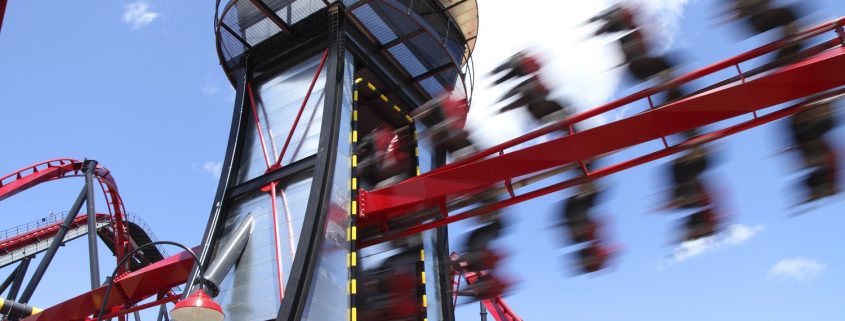 The adrenaline-pumping thrill element as the X Flight train speeds through the Control Tower.